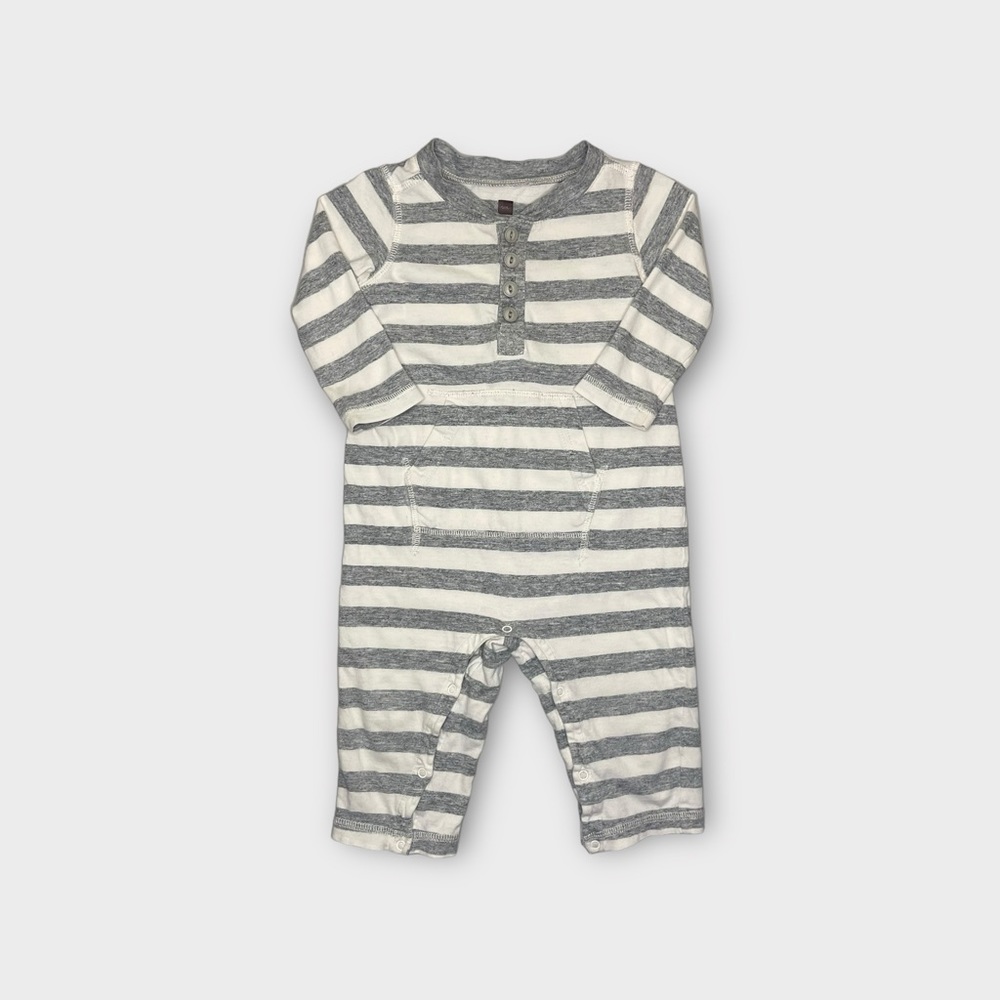 Tea Collection Kangaroo Pocket Gray Striped Romper